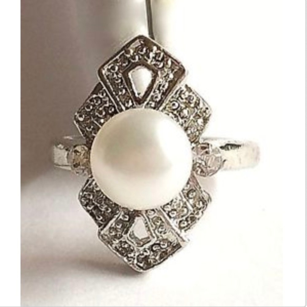 Vintage Silver Pearl Art Deco Cocktail Ring Size 7 8 Plated Statement Crystal